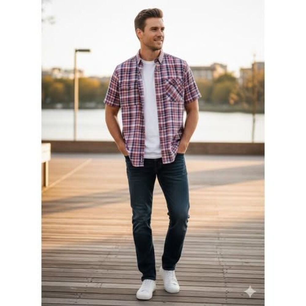 Eddie Bauer Men's Classic Fit Short Sleeve Button Down Plaid Cotton Shirt Size L